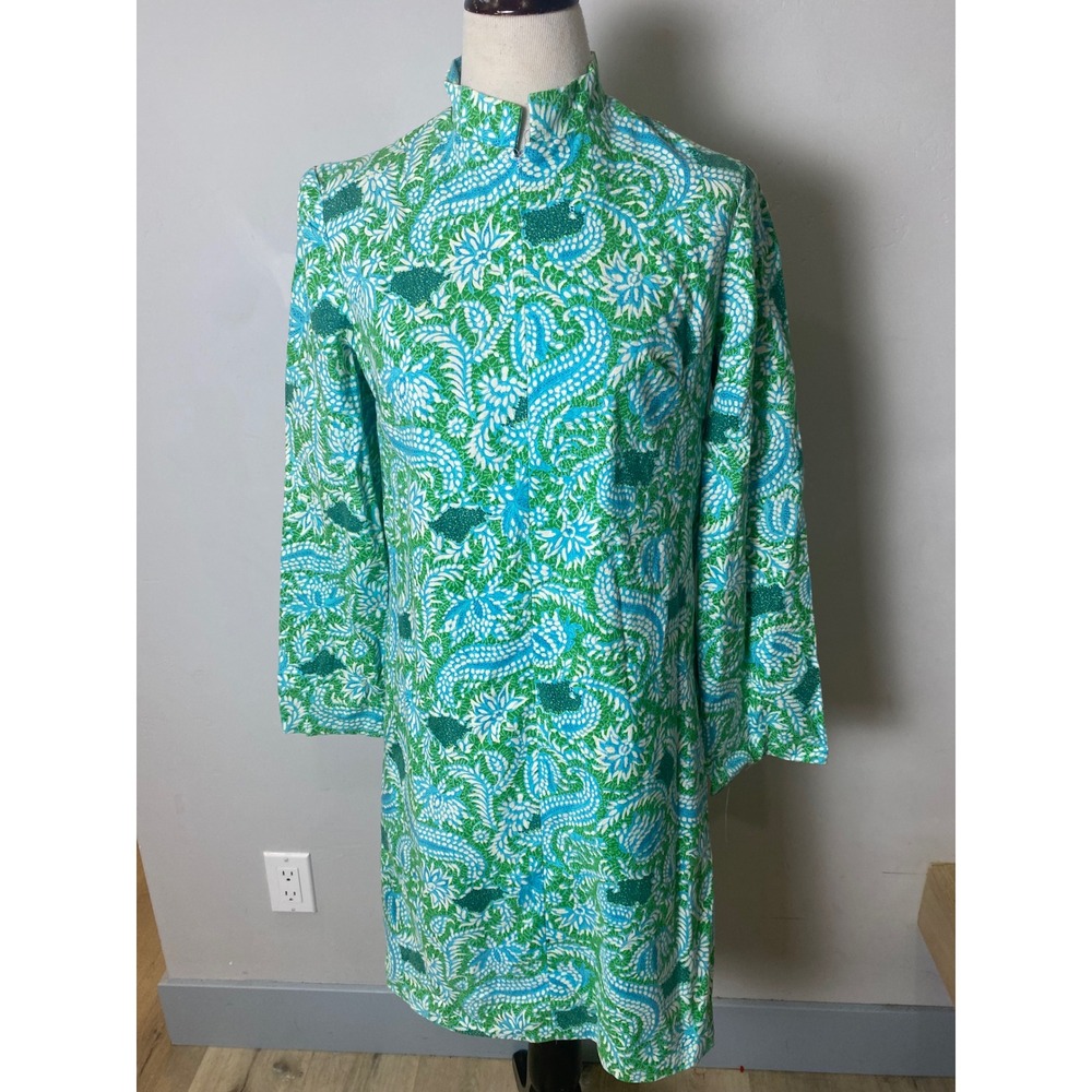 Vintage 60s Mod Gogo Psychedelic Paisley Mock Neck Shift Dress Green Blue